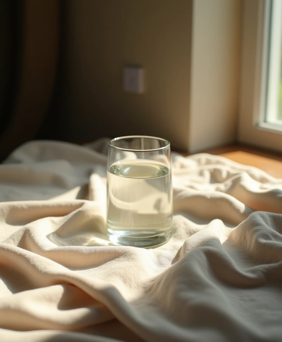 a glass of water on linen in warm morning window light