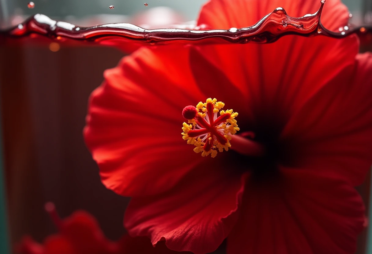 ruby hibiscus infusion in water, abstract macro