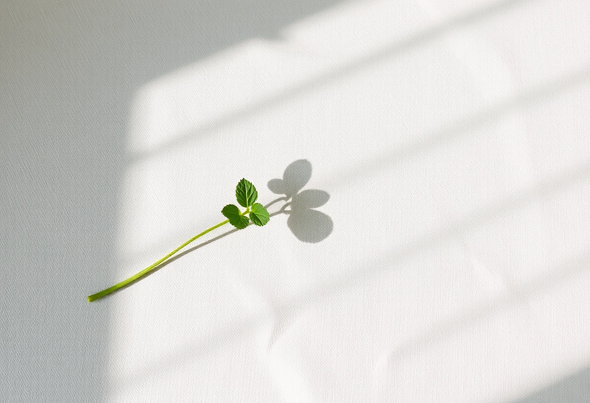 a mint sprig casting a soft shadow on pale linen