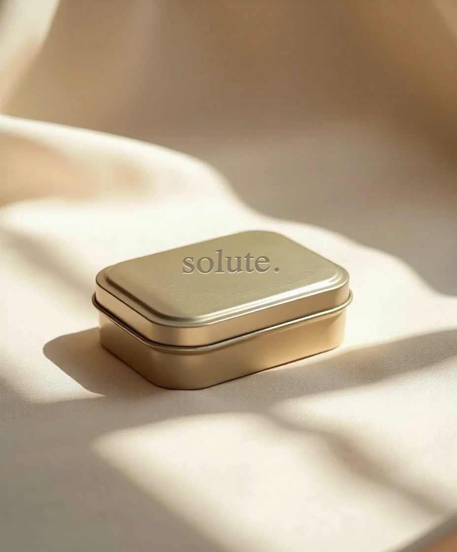a small brushed champagne-silver metal tin engraved 'solute.' resting on bone linen